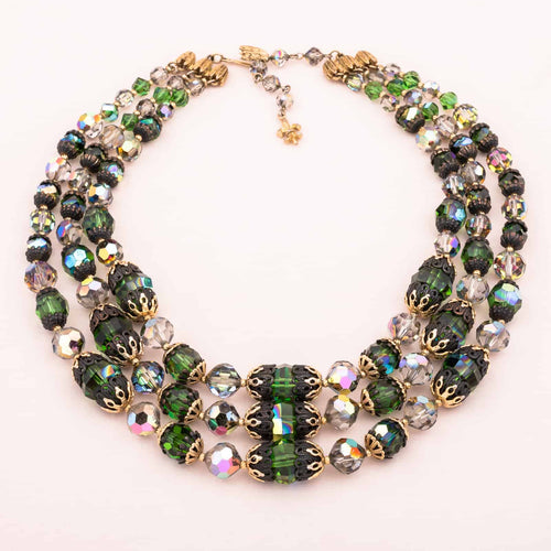 VENDOME vintage crystal necklace with green Aurora Borealis glass beads