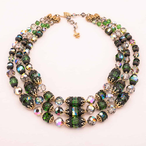 Vintage crystal necklace with green Aurora Borealis glass beads from VENDOME