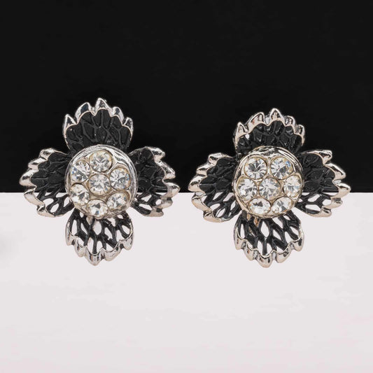 Vintage-Blumen-Ohrclips-silberfarben-mit-Strass