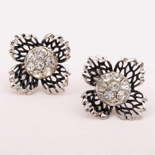 Vintage-Blumen-Ohrclips-silberfarben-mit-Strass