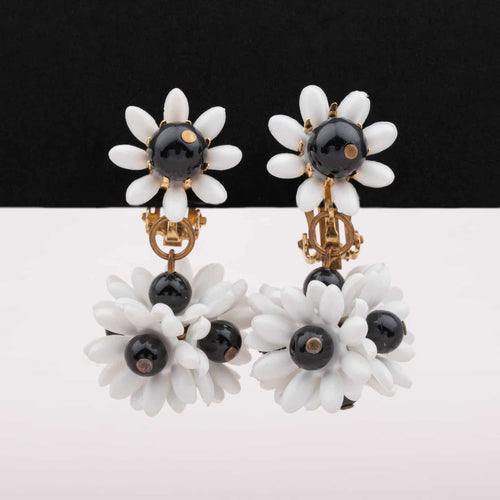 White flower clip earrings with black glass beads