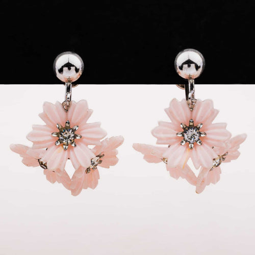 Pink flower earrings with rhinestones