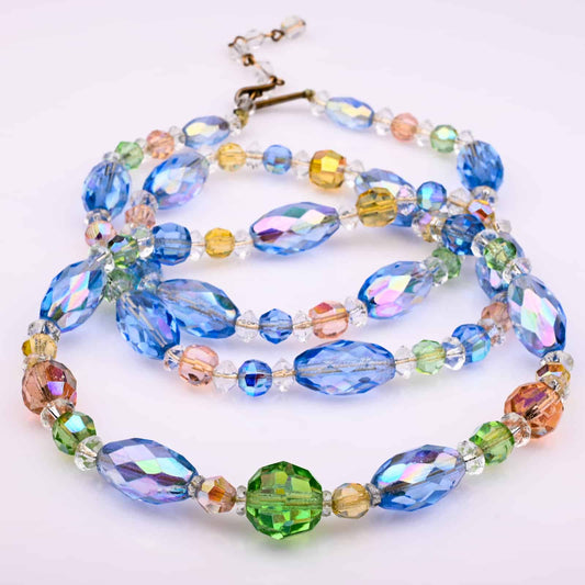 Kristallkette-Glasperlen-hellblau-grün-gelb-50s-60s
