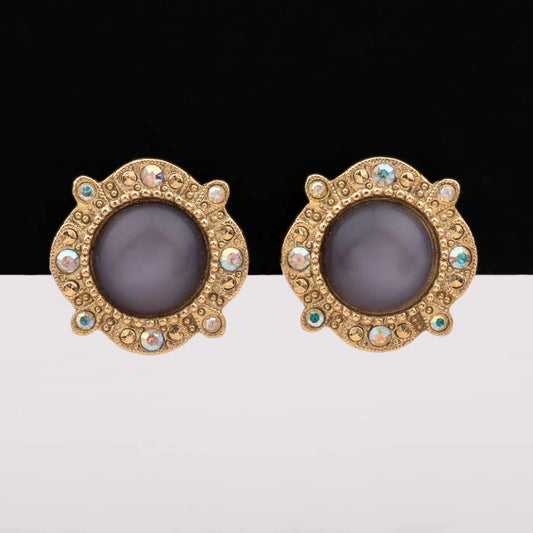 Vintage-Ohrclips-mit-lila-Cabochons-und-Strasssteinen