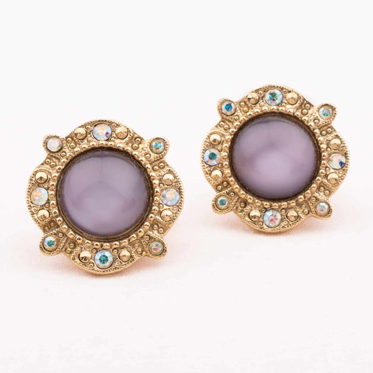 Vintage-Ohrclips-mit-lila-Cabochons-und-Strasssteinen