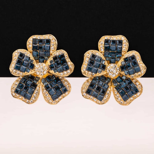 Große Blumen Vintage Ohrringe mit blauen Strasssteinen