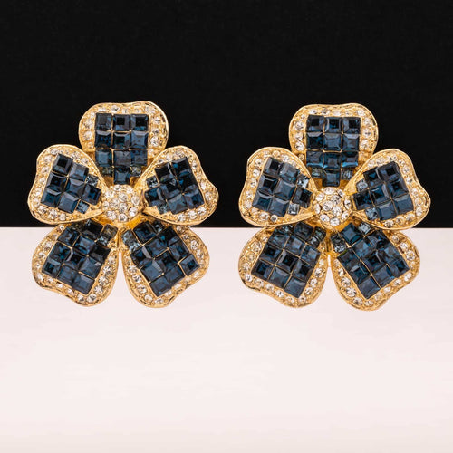 Large floral vintage earrings with blue rhinestones