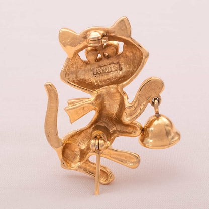 Avon-Katzen-Brosche-vergoldet-Glöckchen-Rückseite-Signatur