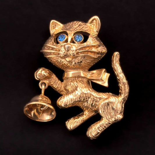 Avon-Katzen-Brosche-vergoldet-blaue-Strassaugen-Glöckchen