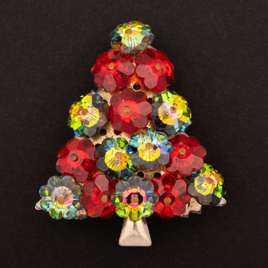 Vintage-Weihnachtsbaum-Brosche-mit-Margarita-Blumen-Kristallen-rot-und-grün