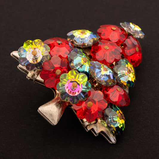 Vintage-Weihnachtsbaum-Brosche-mit-Margarita-Blumen-Kristallen-rot-und-grün