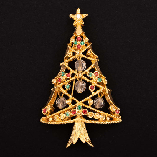 Goldfarbene-Weihnachtsbaum-Brosche-mit-Strass-und-Perlen