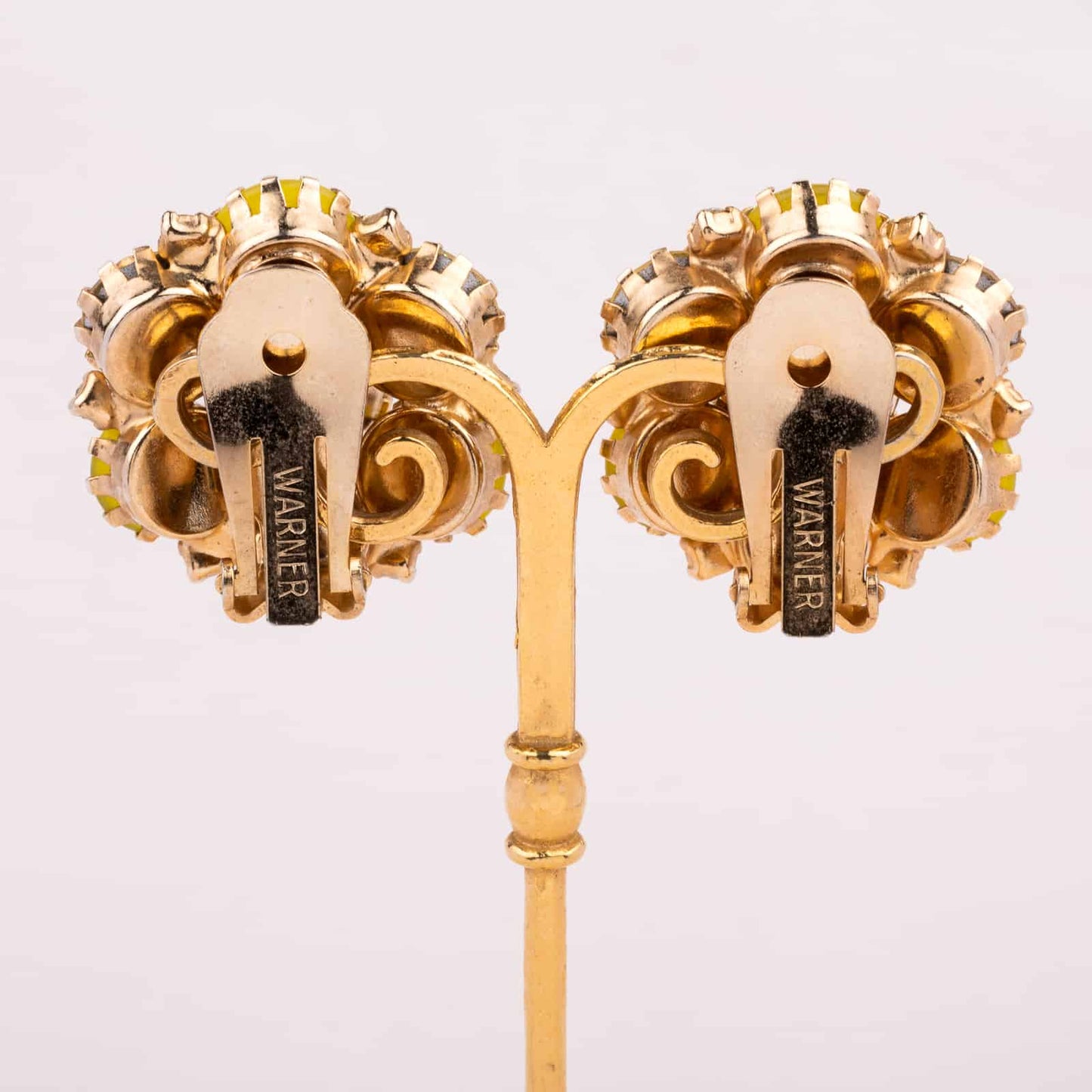 Warner-gelbe-Strass-Ohrclips-vergoldete-Rückseiten