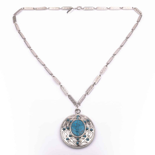 Whiting-Davis-silberfarbene-Halskette-türkisfarbener-Anhänger